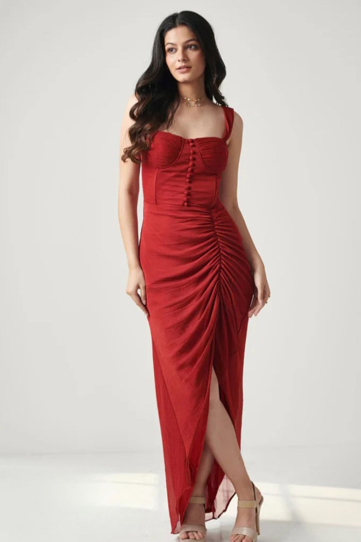 Buy Red Chiffon Front Gather Dress for women online available at ScrollnShops